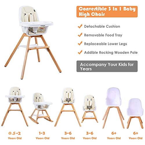 BABY JOY 3 in 1 High Chair, Baby Eat & Grow Convertible Wooden High Chair/Rocking Chair/Booster Seat/Toddler Chair, Infant Dining Chairs w/ Double Removable Tray, 5-Point Seat Belt & PU Cushion, Beige