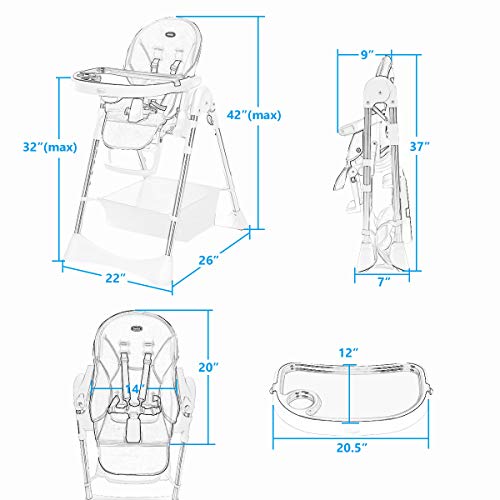 INFANS Foldable High Chair with Large Storage Basket - Adjustable Heights, Recline & Footrest, Removable PU Cushion, Detachable Double Trays, 5-Point Safety Harness for Baby, Infants & Toddlers