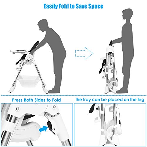 INFANS Foldable High Chair with Large Storage Basket - Adjustable Heights, Recline & Footrest, Removable PU Cushion, Detachable Double Trays, 5-Point Safety Harness for Baby, Infants & Toddlers