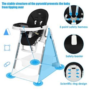 INFANS Foldable High Chair with Large Storage Basket - Adjustable Heights, Recline & Footrest, Removable PU Cushion, Detachable Double Trays, 5-Point Safety Harness for Baby, Infants & Toddlers