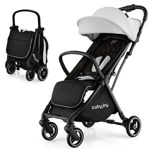 baby joy lightweight baby stroller, compact travel stroller for airplane, infant toddler stroller w/adjustable backrest & canopy, storage basket, self standing gravity fold, aluminium frame (gray)