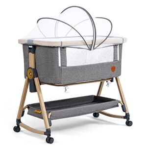 maydolly baby bedside sleeper, portable baby crib baby bed with breathable net and sheet, adjustable bassinet for infants (grey)