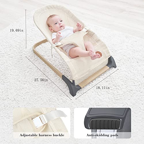 ANGELBLISS Baby Bouncer, Portable Bouncer Seat for Babies, Infants Bouncy Seat with Mesh Fabric, Natural Vibrations (Beige)