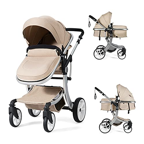 HONEY JOY Baby Stroller, High Landscape Convertible Infant Bassinet Stroller, Adjustable Canopy & Backrest, Storage Basket, Foot Cover, Foldable Newborn Carriage Pram Stroller (Beige)