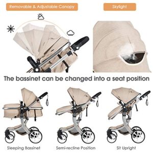 HONEY JOY Baby Stroller, High Landscape Convertible Infant Bassinet Stroller, Adjustable Canopy & Backrest, Storage Basket, Foot Cover, Foldable Newborn Carriage Pram Stroller (Beige)