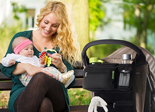 Ethan & Emma Universal Baby Stroller Organizer with Insulated Cup Holders for Smart Moms. Diaper Storage, Secure Straps, Detachable Bag, Pockets for Phone, Keys, Toys. Compact Design Fit All Strollers