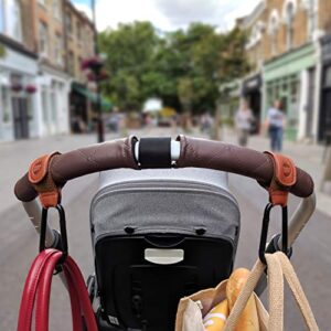 Brown Leather Style Stroller Hooks - Award-Winning Stroller Clips for Bags - MadeForMums & Lovedbyparents Award-Winning Stroller Bag Hook - 2-Pack by Baby Uma