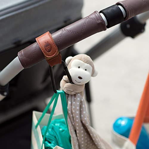 Brown Leather Style Stroller Hooks - Award-Winning Stroller Clips for Bags - MadeForMums & Lovedbyparents Award-Winning Stroller Bag Hook - 2-Pack by Baby Uma