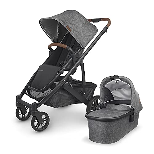 Cruz V2 Stroller – Greyson (Charcoal mélange/Carbon/Saddle Leather) + Bassinet – Greyson (Charcoal mélange/Carbon)