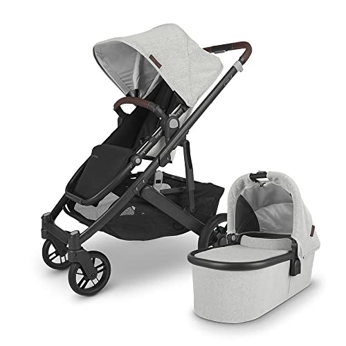 Cruz V2 Stroller -Anthony (White & Grey Chenille/Carbon/Chestnut Leather) + Bassinet - Anthony (White & Grey Chenille/Carbon)