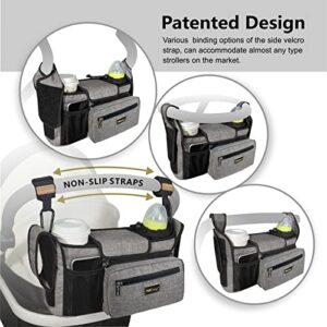 TOPDesign Universal Baby Stroller Organizer, Stroller Caddy with Heightened Insulated Cup Holders & Non-Slip Secure Hooks Accessories, Fits Most Strollers, Machine Washable (Grey)