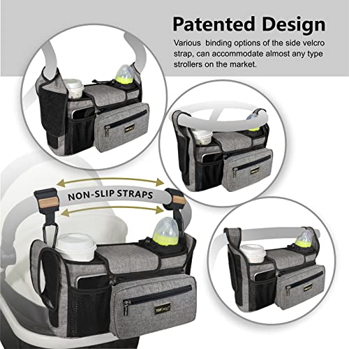 TOPDesign Universal Baby Stroller Organizer, Stroller Caddy with Heightened Insulated Cup Holders & Non-Slip Secure Hooks Accessories, Fits Most Strollers, Machine Washable (Grey)