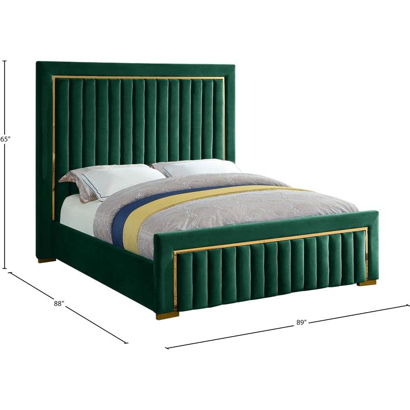 Meridian Furniture Dolce Collection Modern | Contemporary Velvet Upholstered Bed with Luxurious Channel Tufting and Gold Metal Trim/Legs, King, Green