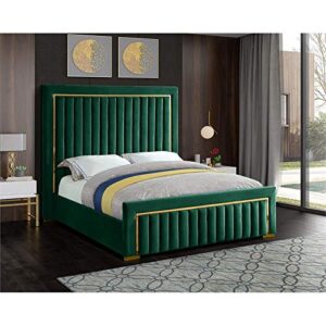 Meridian Furniture Dolce Collection Modern | Contemporary Velvet Upholstered Bed with Luxurious Channel Tufting and Gold Metal Trim/Legs, King, Green