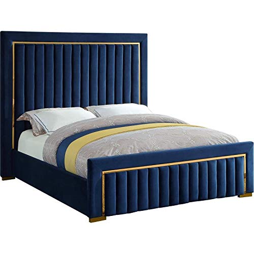 Meridian Furniture DolceNavy-K Dolce Collection Modern | Contemporary Velvet Upholstered Bed with Luxurious Channel Tufting and Gold Metal Trim/Legs, 89" W x 88" D x 63.5" H, King, Navy