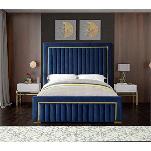 Meridian Furniture DolceNavy-K Dolce Collection Modern | Contemporary Velvet Upholstered Bed with Luxurious Channel Tufting and Gold Metal Trim/Legs, 89" W x 88" D x 63.5" H, King, Navy