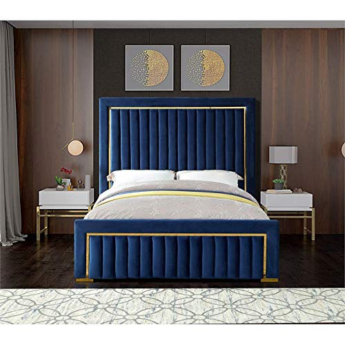 Meridian Furniture DolceNavy-K Dolce Collection Modern | Contemporary Velvet Upholstered Bed with Luxurious Channel Tufting and Gold Metal Trim/Legs, 89" W x 88" D x 63.5" H, King, Navy