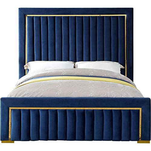 Meridian Furniture DolceNavy-K Dolce Collection Modern | Contemporary Velvet Upholstered Bed with Luxurious Channel Tufting and Gold Metal Trim/Legs, 89" W x 88" D x 63.5" H, King, Navy