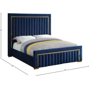 Meridian Furniture DolceNavy-K Dolce Collection Modern | Contemporary Velvet Upholstered Bed with Luxurious Channel Tufting and Gold Metal Trim/Legs, 89" W x 88" D x 63.5" H, King, Navy