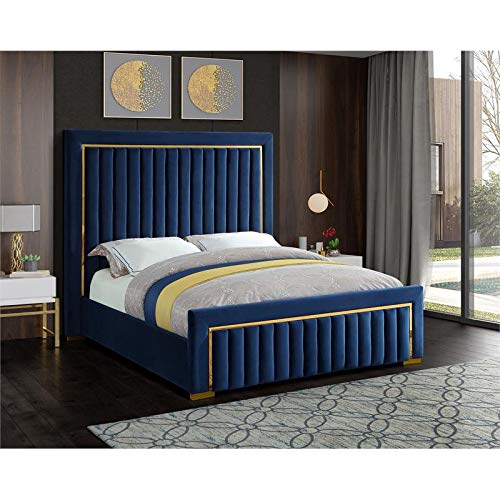 Meridian Furniture DolceNavy-K Dolce Collection Modern | Contemporary Velvet Upholstered Bed with Luxurious Channel Tufting and Gold Metal Trim/Legs, 89" W x 88" D x 63.5" H, King, Navy