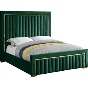 meridian furniture dolce collection modern | contemporary velvet upholstered bed with luxurious channel tufting and gold metal trim/legs, queen, green