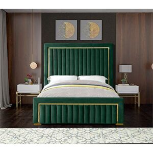 Meridian Furniture Dolce Collection Modern | Contemporary Velvet Upholstered Bed with Luxurious Channel Tufting and Gold Metal Trim/Legs, Queen, Green