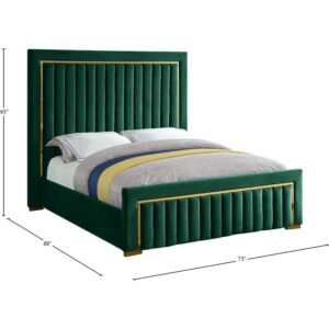 Meridian Furniture Dolce Collection Modern | Contemporary Velvet Upholstered Bed with Luxurious Channel Tufting and Gold Metal Trim/Legs, Queen, Green