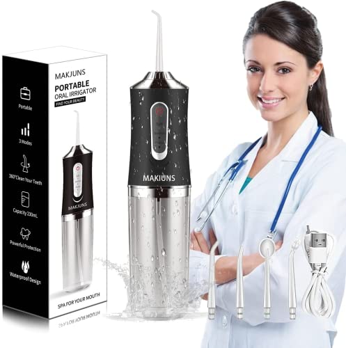 MAKJUNS Water Flosser Cordless Teeth Cleaner with 3 Modes 4 Jets Rechargeable IPX7 Waterproof Dental Oral Irrigator for Travel Home Braces(Ivory Black)