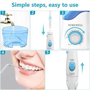 TUREWELL Water Dental Flosser for Teeth/Braces, Water Teeth Cleaner Pick 8 Jet Tips and 10 Pressure Levels, 600ML Large Water Tank Oral Irrigator for Family(White)