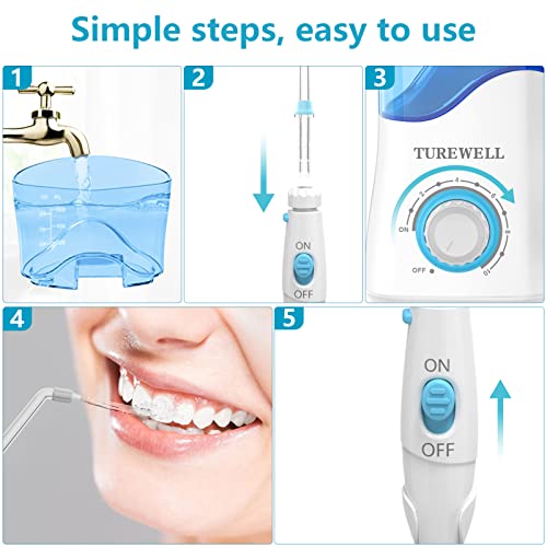 TUREWELL Water Dental Flosser for Teeth/Braces, Water Teeth Cleaner Pick 8 Jet Tips and 10 Pressure Levels, 600ML Large Water Tank Oral Irrigator for Family(White)