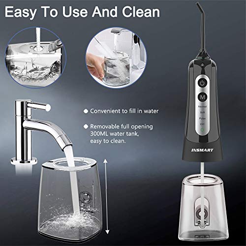 Cordless Water Dental Flosser Teeth Cleaner, INSMART Professional 300ML Tank DIY Mode USB Rechargeable Dental Oral Irrigator for Home and Travel, IPX7 Waterproof 4 Modes Irrigate for Oral Care