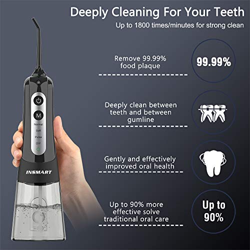 Cordless Water Dental Flosser Teeth Cleaner, INSMART Professional 300ML Tank DIY Mode USB Rechargeable Dental Oral Irrigator for Home and Travel, IPX7 Waterproof 4 Modes Irrigate for Oral Care