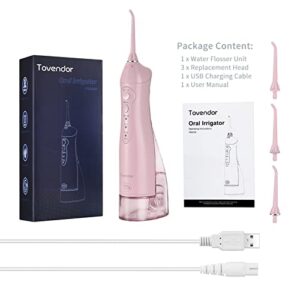 TOVENDOR Electric Water Flosser, Cordless Dental Oral Irrigator - 3 Modes, 3 Tips for Family Hygiene (300ML, Waterproof Waterflosser) (Pink)