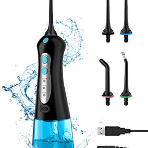 Cordless Water Flosser for Teeth Professional Water Teeth Cleaner Picks Dental Oral Irrigator with 3 Modes & 4 Jet Tips for Braces Gums, IPX7 Waterproof, 300ml Detachable Tank for Home Travel Black