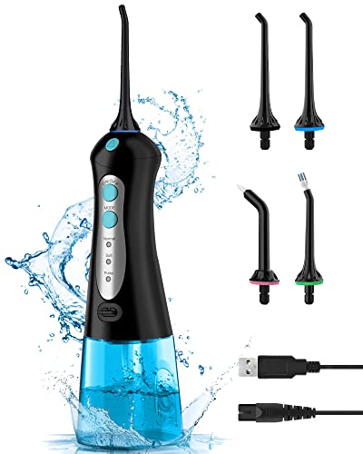 Cordless Water Flosser for Teeth Professional Water Teeth Cleaner Picks Dental Oral Irrigator with 3 Modes & 4 Jet Tips for Braces Gums, IPX7 Waterproof, 300ml Detachable Tank for Home Travel Black