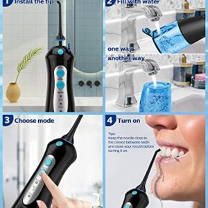 Cordless Water Flosser for Teeth Professional Water Teeth Cleaner Picks Dental Oral Irrigator with 3 Modes & 4 Jet Tips for Braces Gums, IPX7 Waterproof, 300ml Detachable Tank for Home Travel Black