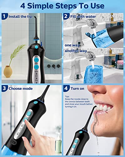 Cordless Water Flosser for Teeth Professional Water Teeth Cleaner Picks Dental Oral Irrigator with 3 Modes & 4 Jet Tips for Braces Gums, IPX7 Waterproof, 300ml Detachable Tank for Home Travel Black