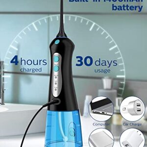 Cordless Water Flosser for Teeth Professional Water Teeth Cleaner Picks Dental Oral Irrigator with 3 Modes & 4 Jet Tips for Braces Gums, IPX7 Waterproof, 300ml Detachable Tank for Home Travel Black