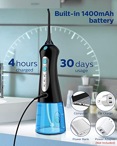 Cordless Water Flosser for Teeth Professional Water Teeth Cleaner Picks Dental Oral Irrigator with 3 Modes & 4 Jet Tips for Braces Gums, IPX7 Waterproof, 300ml Detachable Tank for Home Travel Black