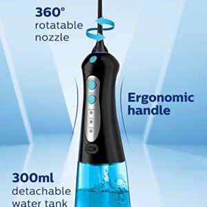 Cordless Water Flosser for Teeth Professional Water Teeth Cleaner Picks Dental Oral Irrigator with 3 Modes & 4 Jet Tips for Braces Gums, IPX7 Waterproof, 300ml Detachable Tank for Home Travel Black