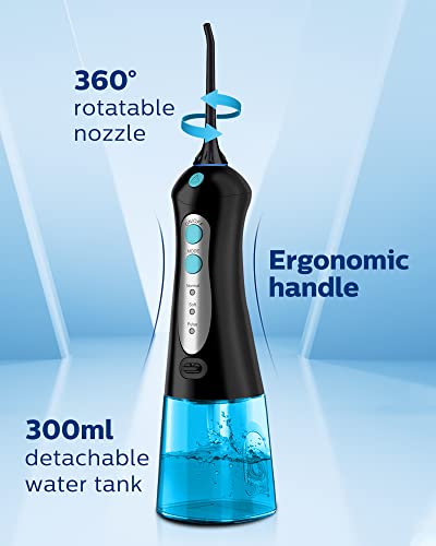 Cordless Water Flosser for Teeth Professional Water Teeth Cleaner Picks Dental Oral Irrigator with 3 Modes & 4 Jet Tips for Braces Gums, IPX7 Waterproof, 300ml Detachable Tank for Home Travel Black