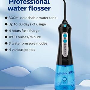 Cordless Water Flosser for Teeth Professional Water Teeth Cleaner Picks Dental Oral Irrigator with 3 Modes & 4 Jet Tips for Braces Gums, IPX7 Waterproof, 300ml Detachable Tank for Home Travel Black