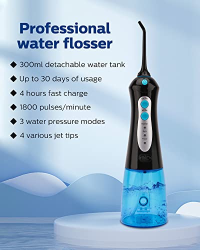 Cordless Water Flosser for Teeth Professional Water Teeth Cleaner Picks Dental Oral Irrigator with 3 Modes & 4 Jet Tips for Braces Gums, IPX7 Waterproof, 300ml Detachable Tank for Home Travel Black