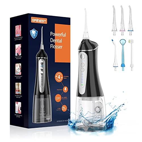 Water Flosser Cordless for Teeth Cleaning: Dental Oral Irrigator 4 Modes 5 Jet Tips 320ML Rechargeable IPX 7 Waterproof Portable Teeth Cleaner Pick for Home Trave (Black)