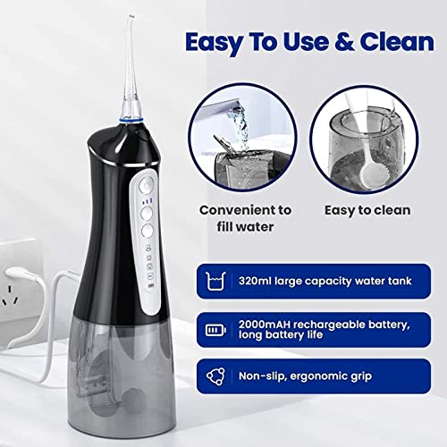 Water Flosser Cordless for Teeth Cleaning: Dental Oral Irrigator 4 Modes 5 Jet Tips 320ML Rechargeable IPX 7 Waterproof Portable Teeth Cleaner Pick for Home Trave (Black)