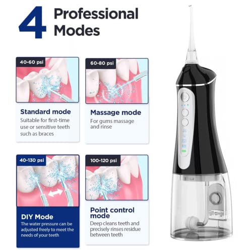 Water Flosser Cordless for Teeth Cleaning: Dental Oral Irrigator 4 Modes 5 Jet Tips 320ML Rechargeable IPX 7 Waterproof Portable Teeth Cleaner Pick for Home Trave (Black)