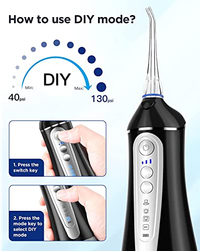 Water Flosser Cordless for Teeth Cleaning: Dental Oral Irrigator 4 Modes 5 Jet Tips 320ML Rechargeable IPX 7 Waterproof Portable Teeth Cleaner Pick for Home Trave (Black)