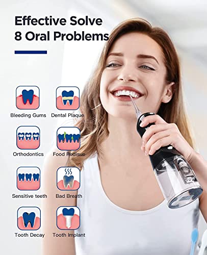 Water Flosser Cordless for Teeth Cleaning: Dental Oral Irrigator 4 Modes 5 Jet Tips 320ML Rechargeable IPX 7 Waterproof Portable Teeth Cleaner Pick for Home Trave (Black)