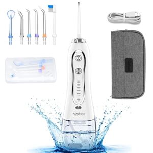 h2ofloss water flosser portable dental oral irrigator with 5 modes, 6 replaceable jet tips, rechargeable waterproof teeth cleaner for home and travel -300ml detachable reservoir (hf-6)