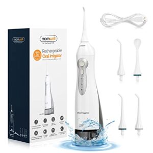 water flosser cordless, mornwell water flossers for teeth – 330ml tank and 4 jet tips, 3 modes portable dental oral irrigator, braces care, rechargeable waterproof portable water flosser, white
